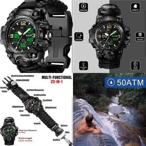 BLACK 23-in-1 Survival Military Digital Watch, Mens Tactical Multi-Func…